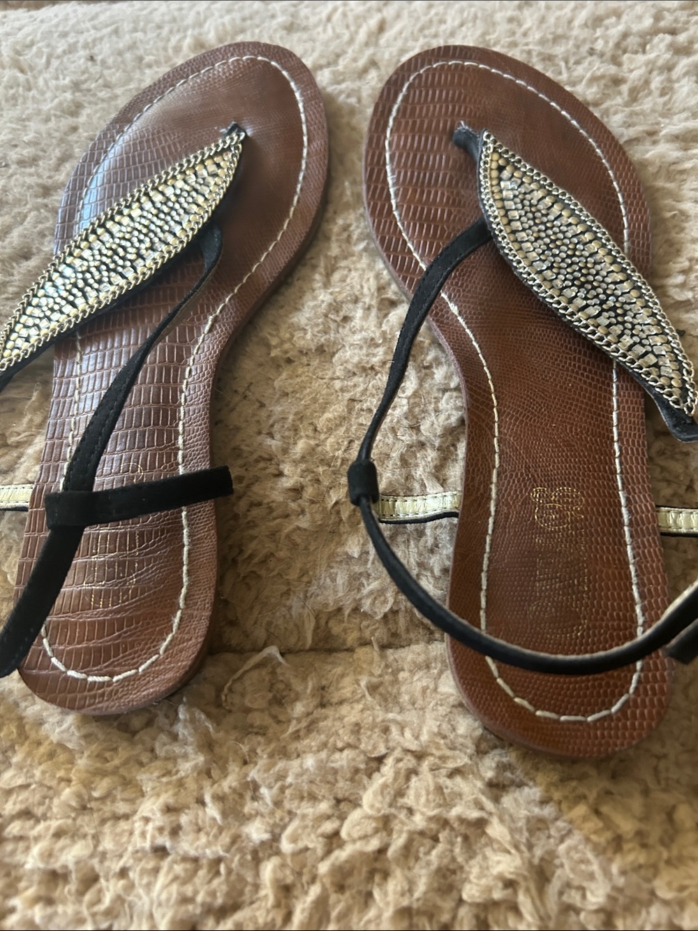 Carlos Santana Brown Sandals with Gold Beaded Detail